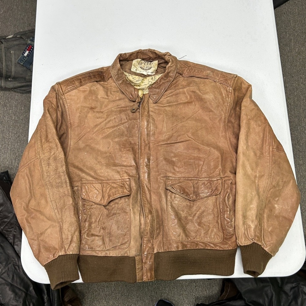Global Identity Bomber Jacket Mens Medium Brown Distressed Leather Map Lining